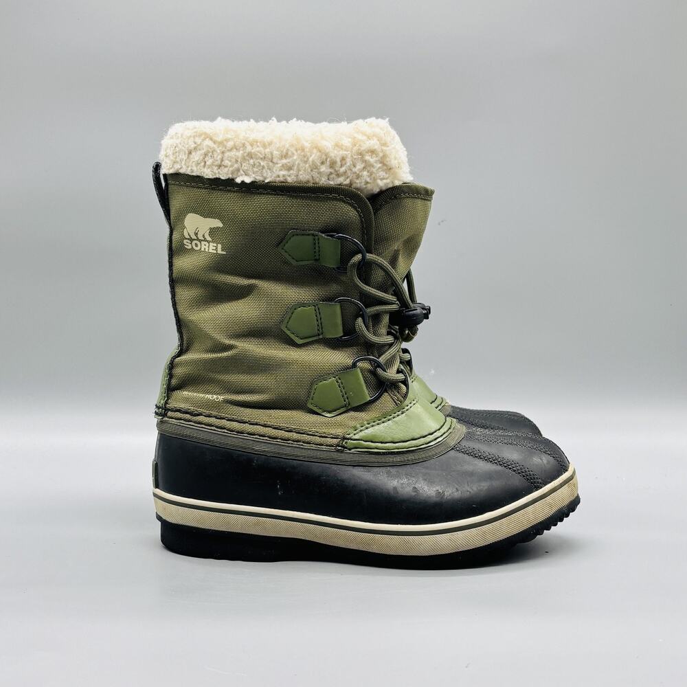 Sorel Boots Kids Boys 1 Green Black Nylon Yoot Pac Waterproof Insulated Faux Fur